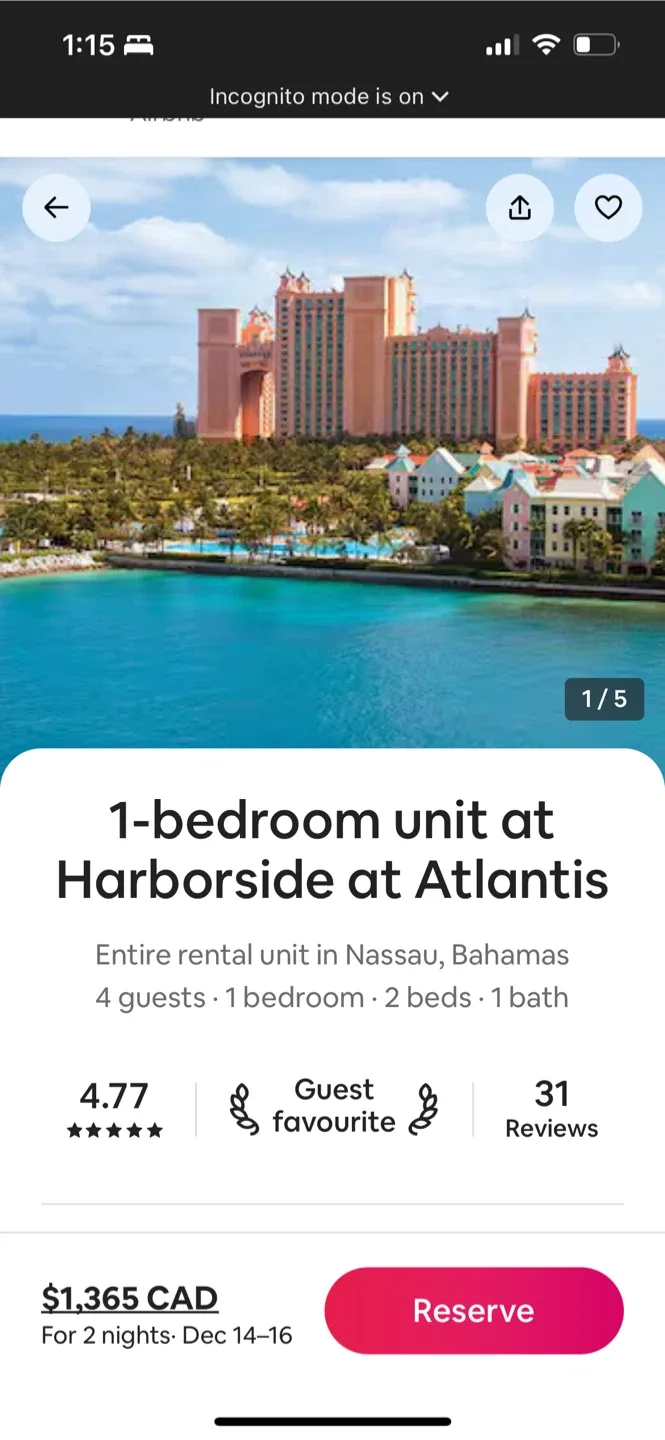 Dec 14-16 vacation @ Harborside at Atlantis 1-Bedroom Unit