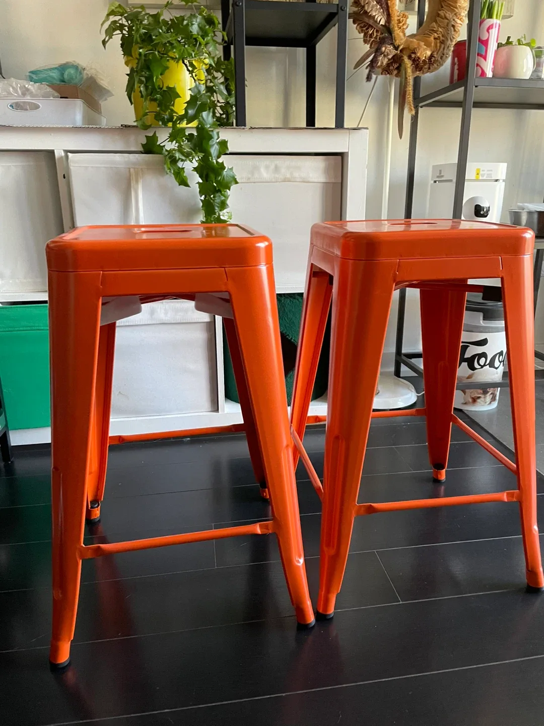 Set of 2 Orange Metal Bar Stools