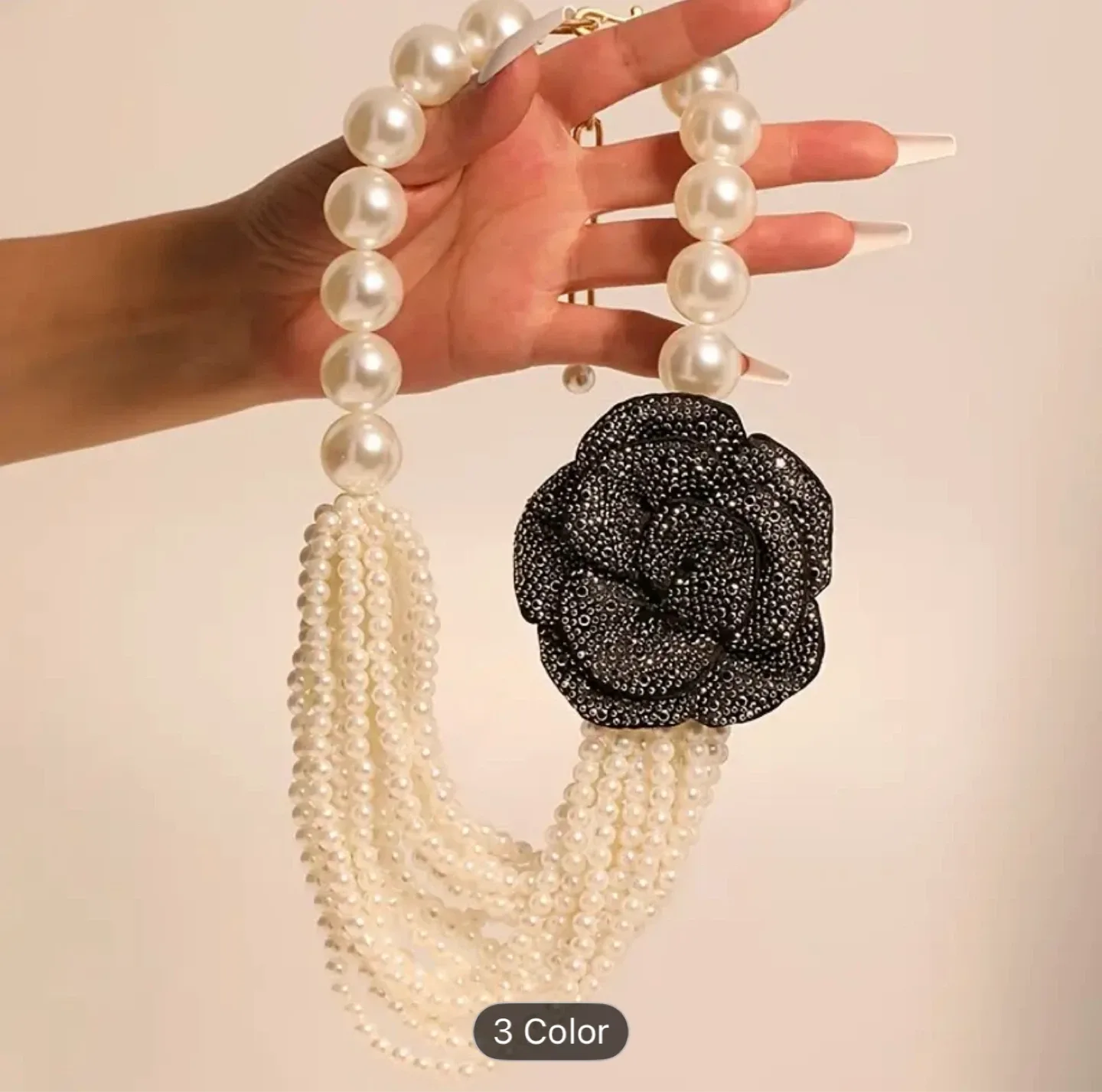 Pearl Necklace with Black Flower Pendant
