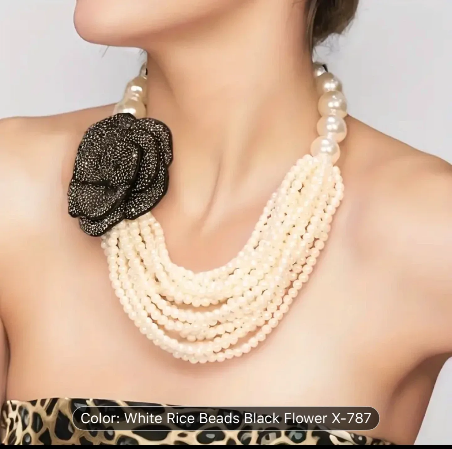 Pearl Necklace with Black Flower Pendant image indicator(2)