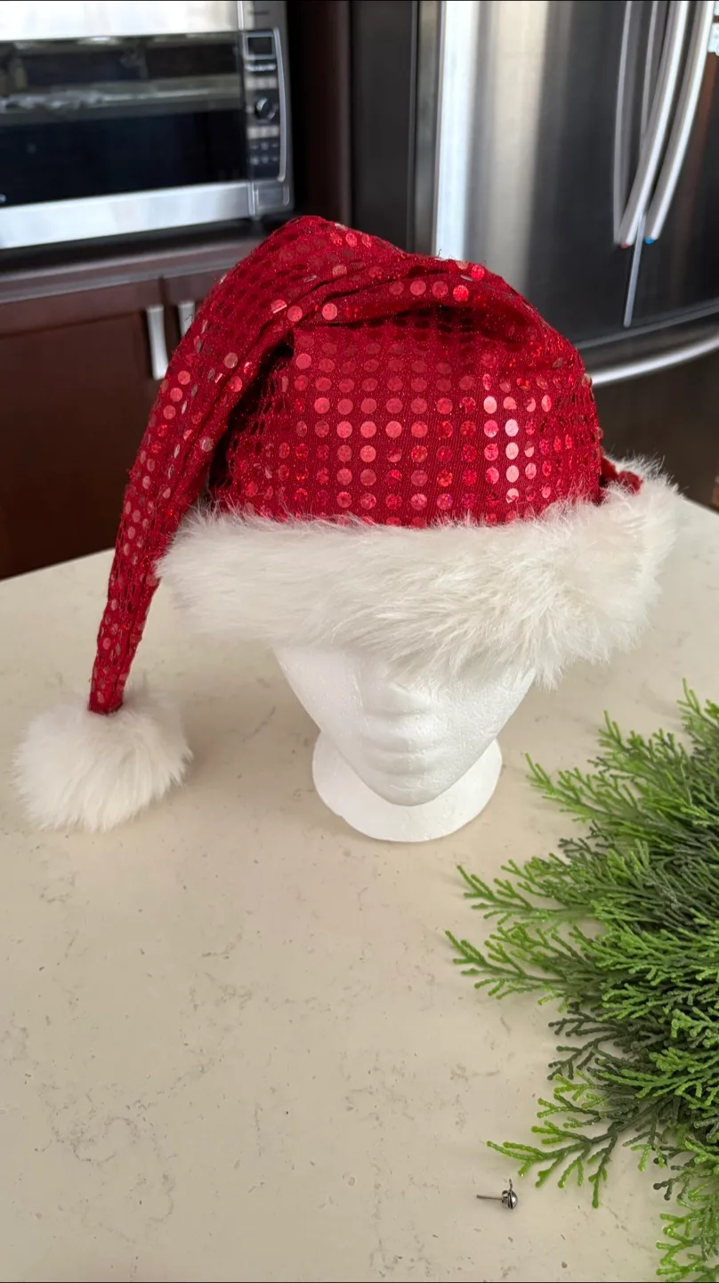 Red Sequin Santa Hat with White Fur Trim image indicator(2)