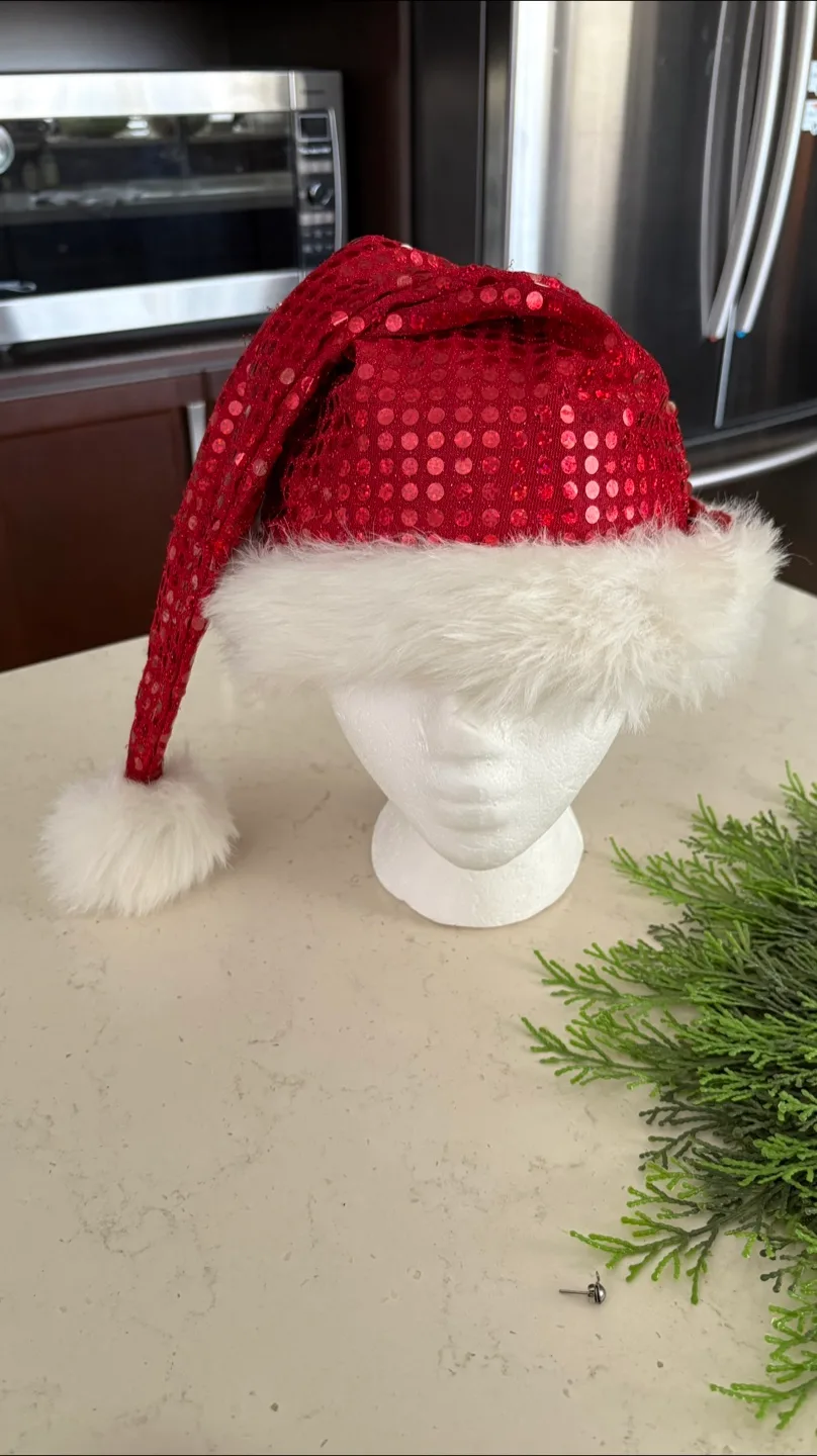 Red Sequin Santa Hat with White Fur Trim