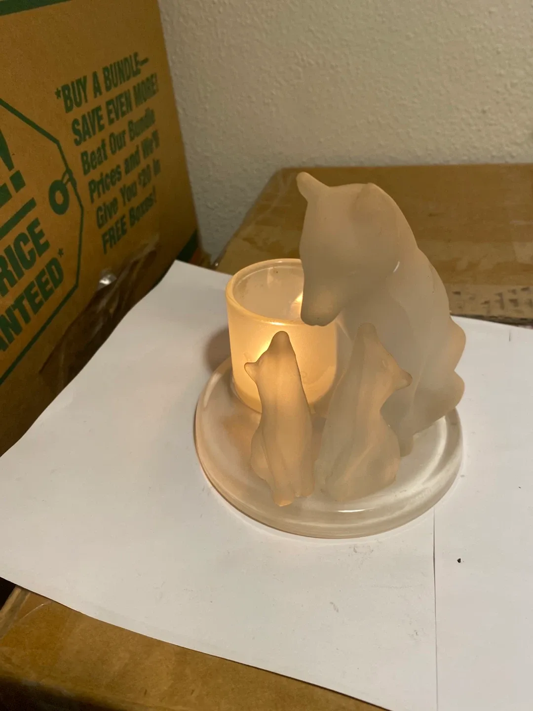 Vintage mother and cubs glass candle holder