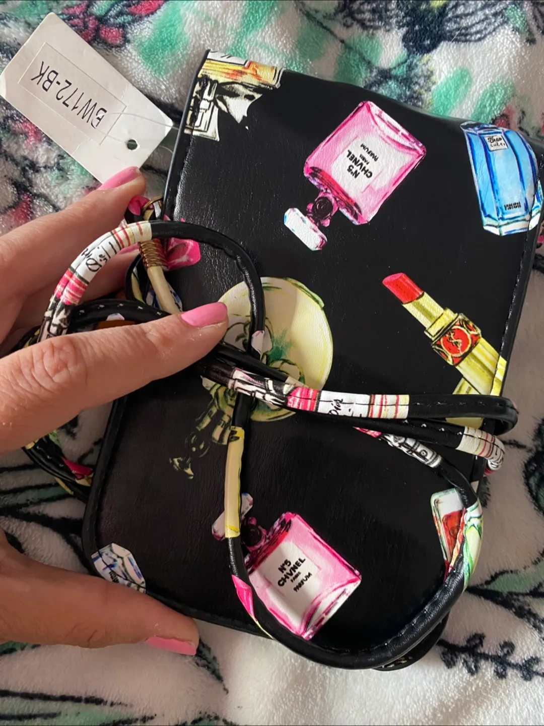 Black Crossbody Bag with Perfume Design