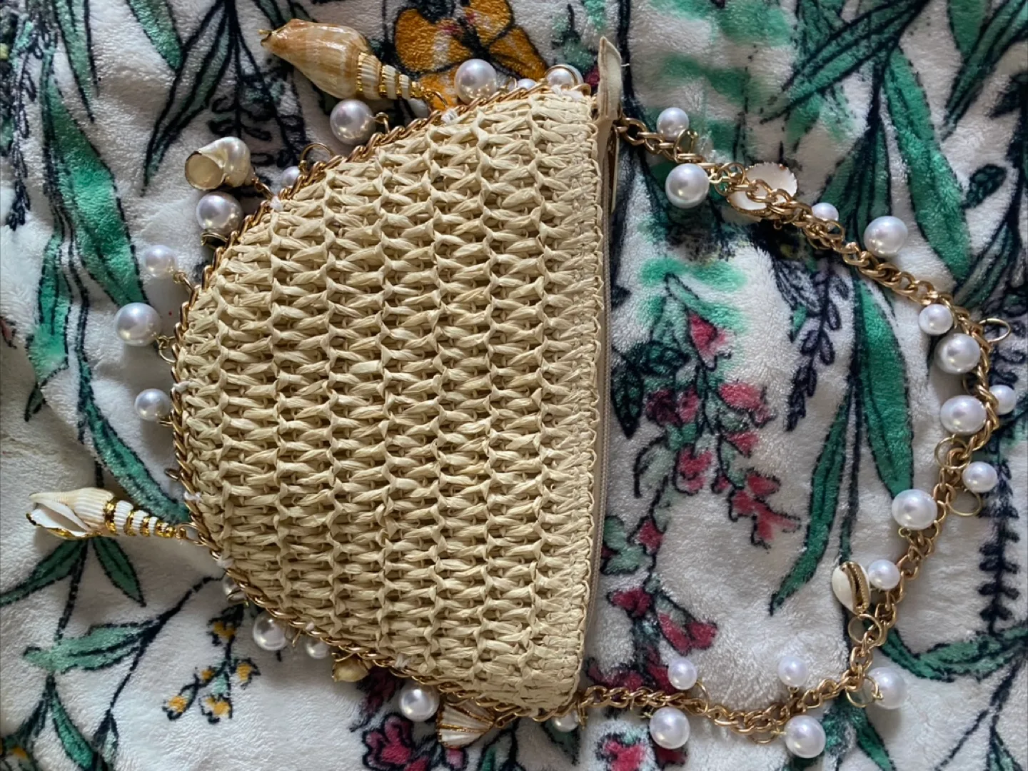 Woven Straw Bag with Pearl & Shell Details image indicator(2)