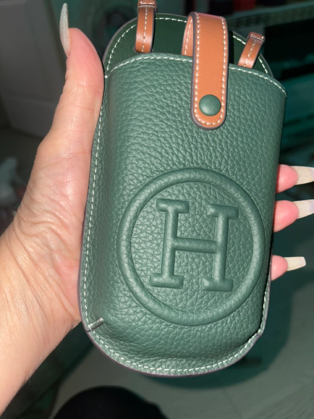 Hermes Green Leather Phone Bag with Strap
