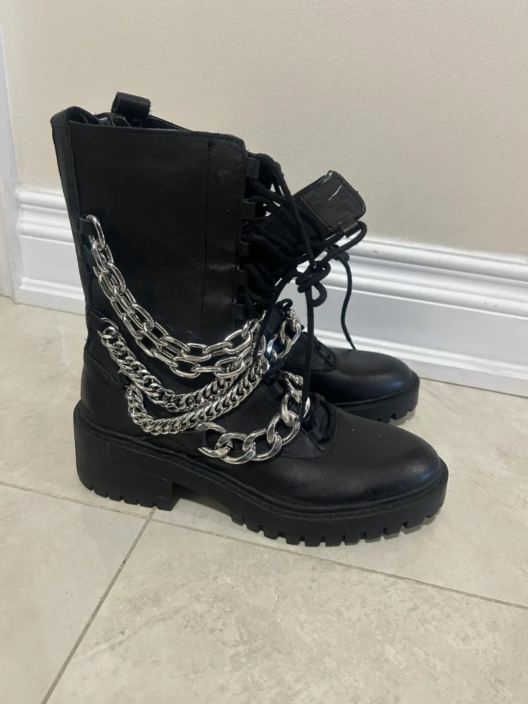 Black Leather Chain Boots, Size 8