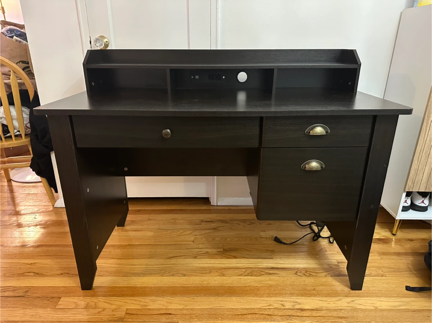 Black Wood Desk w/ outlets & storage