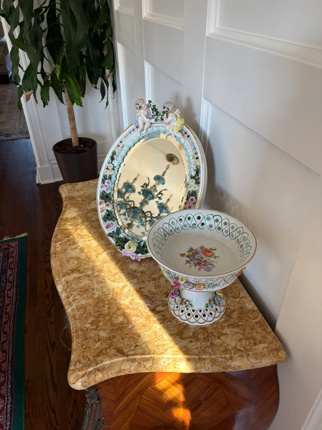 Vintage Floral Porcelain Mirror & Bowl Set