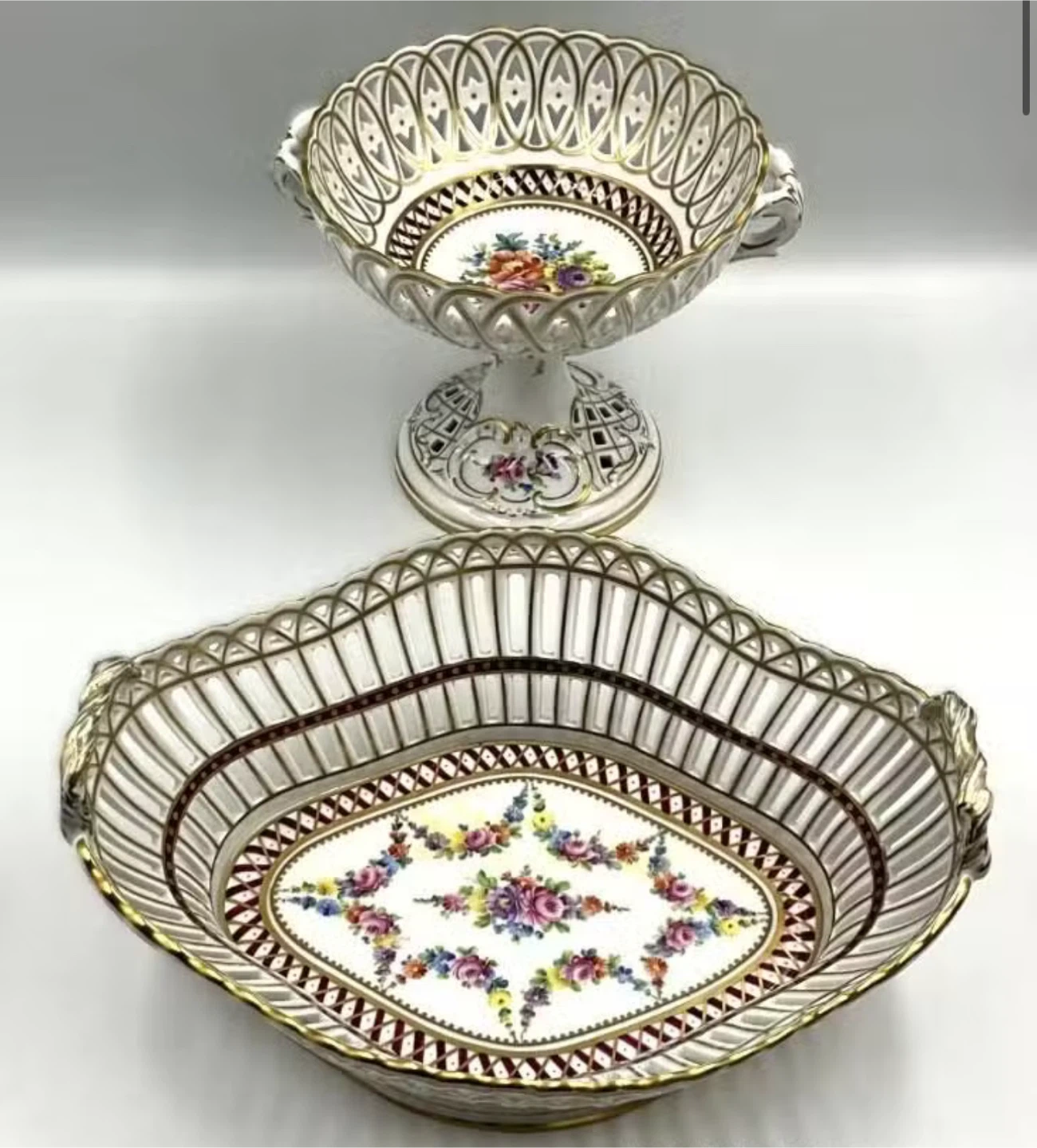 Vintage Floral Porcelain Fruit Bowl & Pedestal