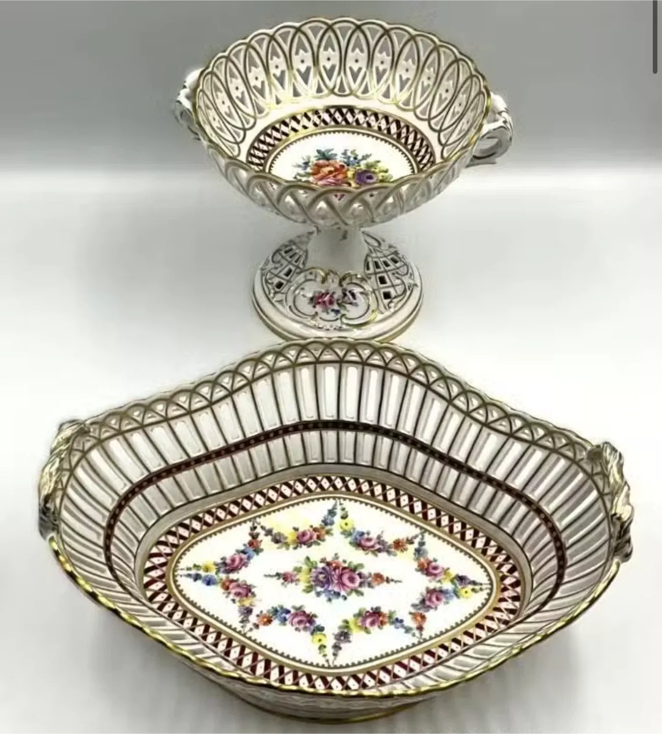 Vintage Floral Porcelain Fruit Bowl & Pedestal