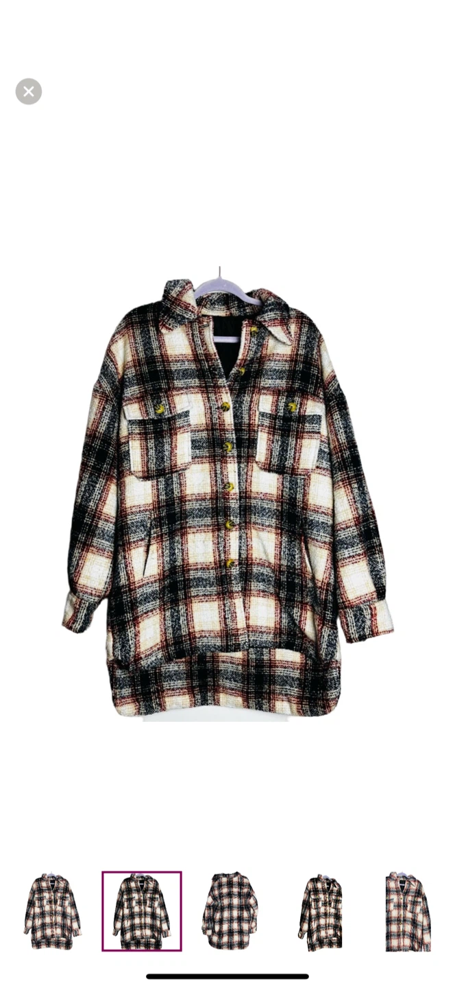 Plaid Navy Blue Red & Beige Button-Up Shacket - photo 2