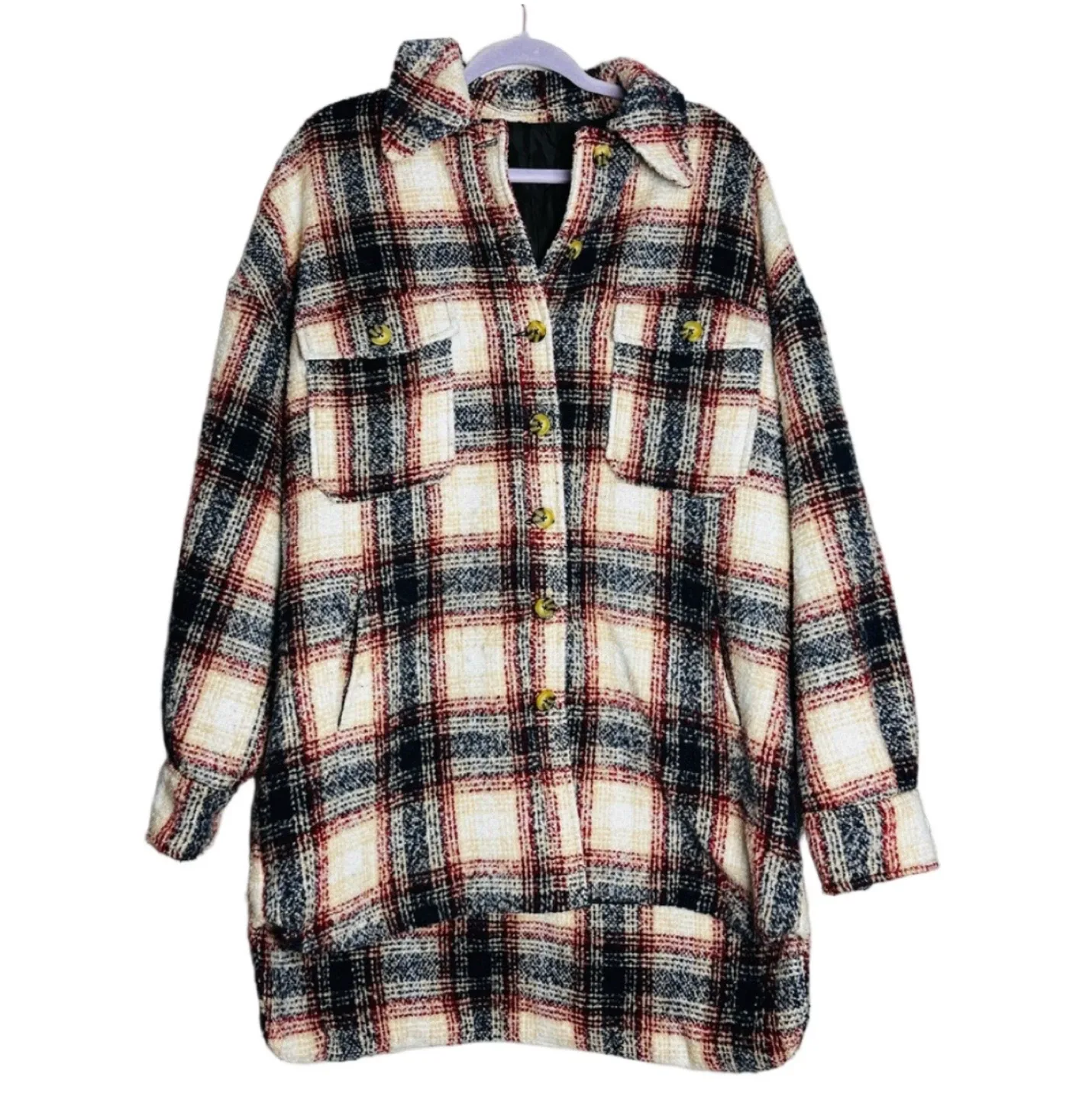 Plaid Navy Blue Red & Beige Button-Up Shacket