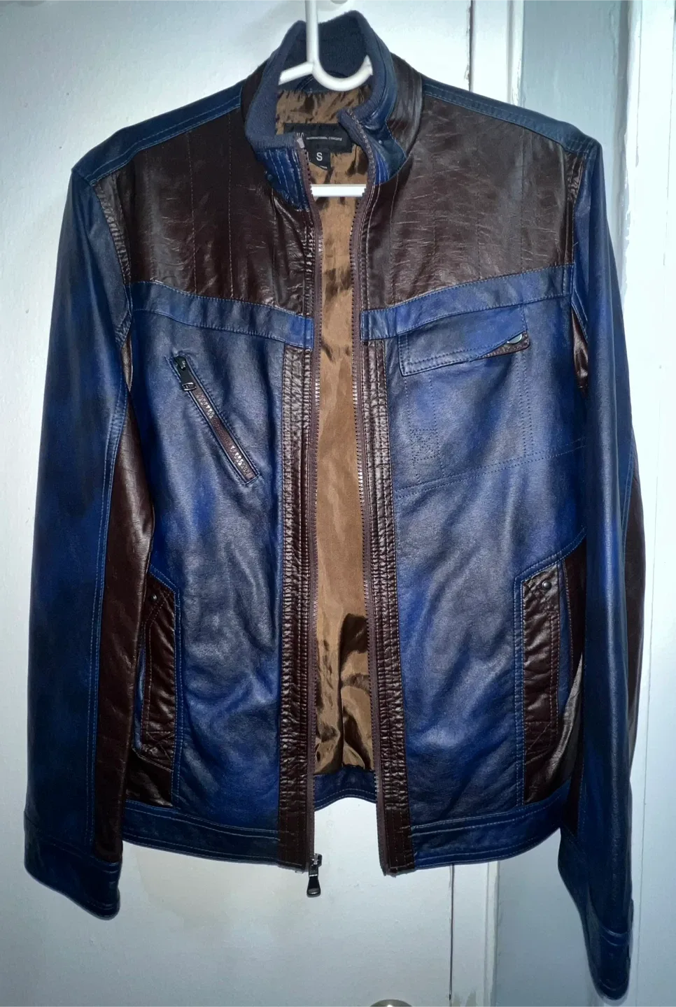 Leather Jacket, Blue & Brown, Size S