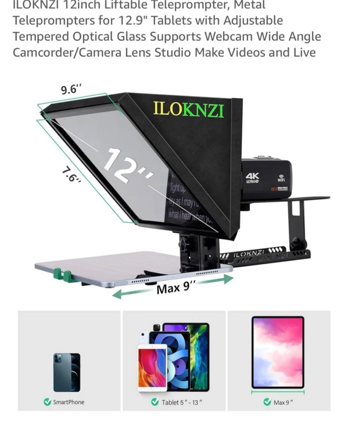 ILOKNZI 12” Teleprompter – For Tablet/Phone – Like New