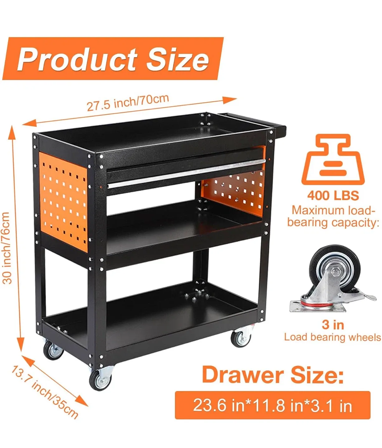 Rolling Tool Cart with Drawer & Pegboard image indicator(3)