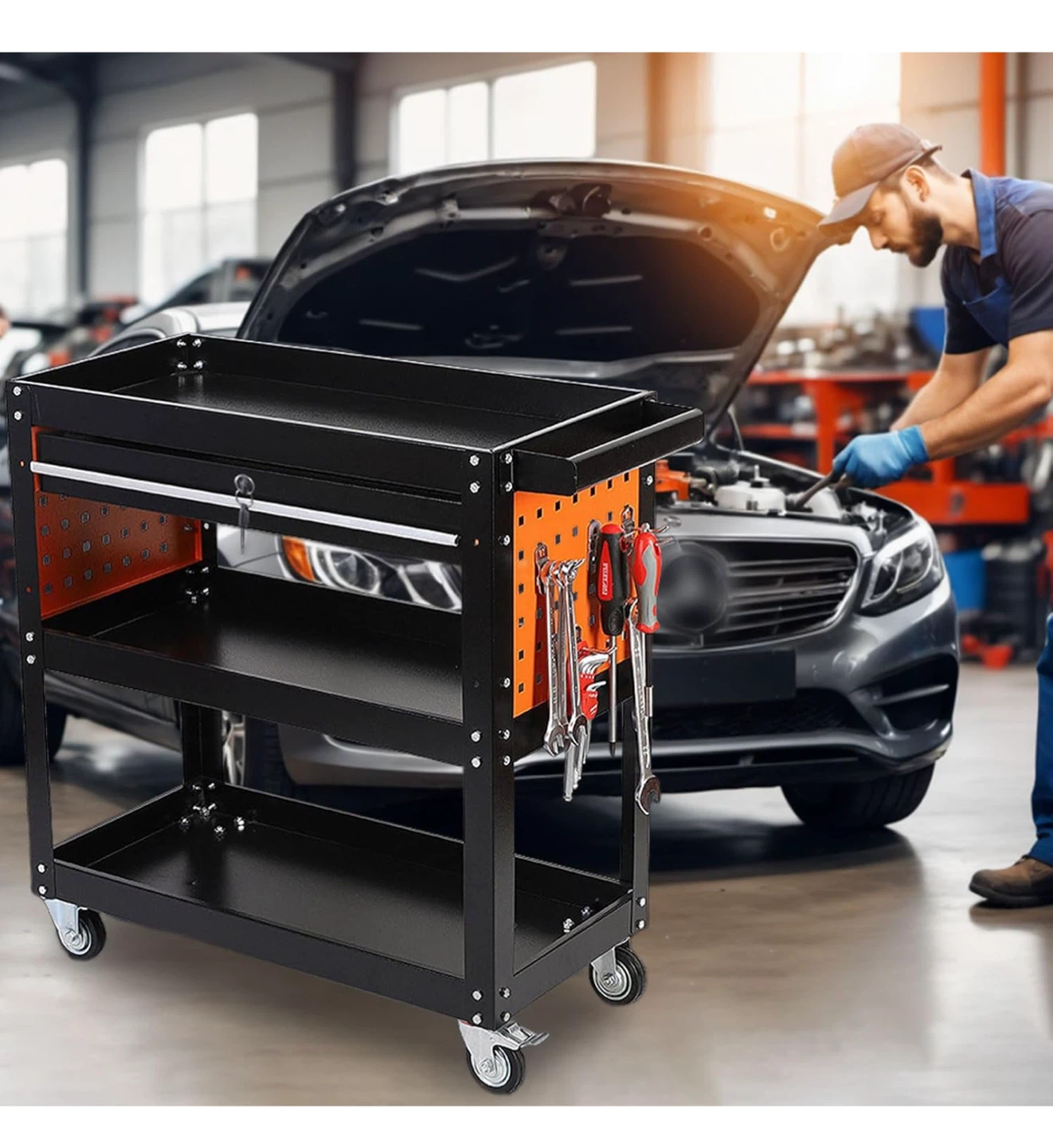 Rolling Tool Cart with Drawer & Pegboard - photo 2