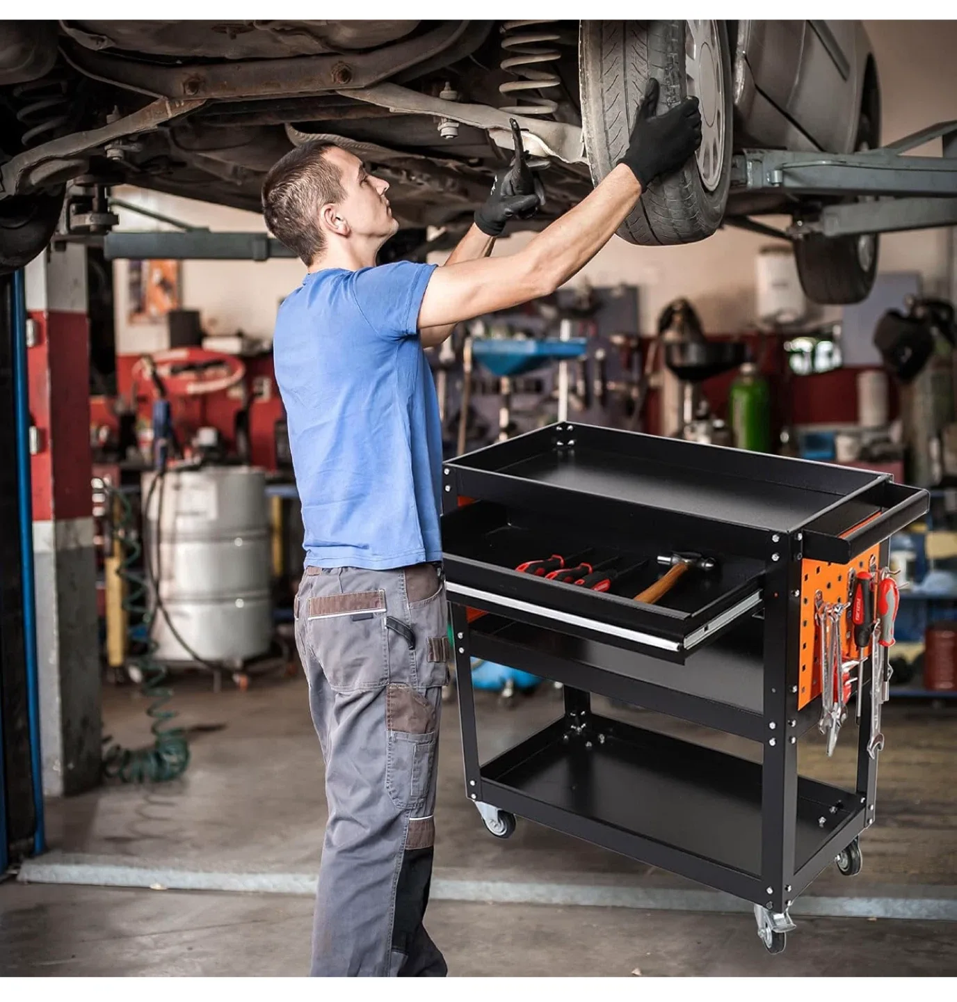 Rolling Tool Cart with Drawer & Pegboard image indicator(7)