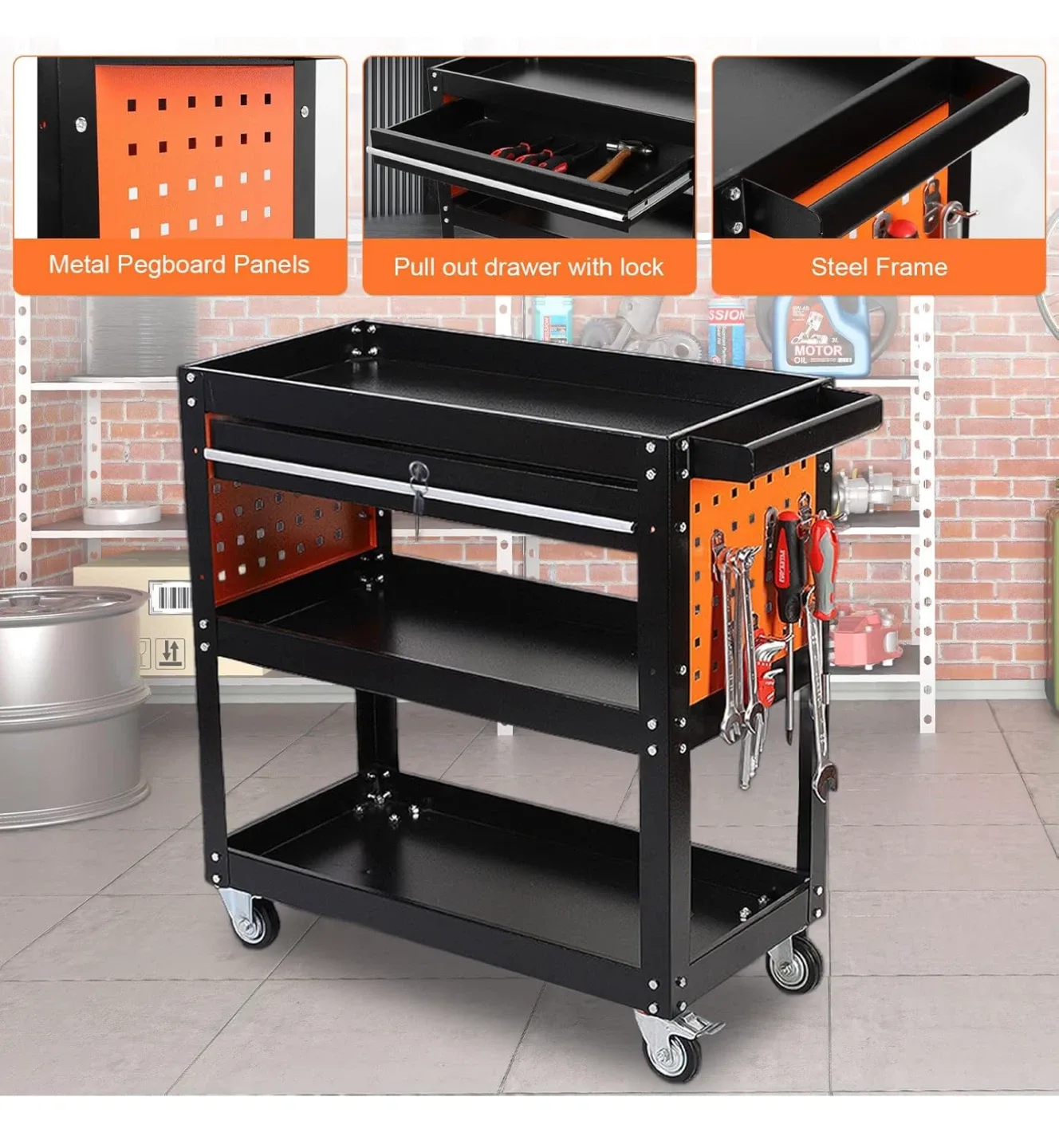 Rolling Tool Cart with Drawer & Pegboard image indicator(4)