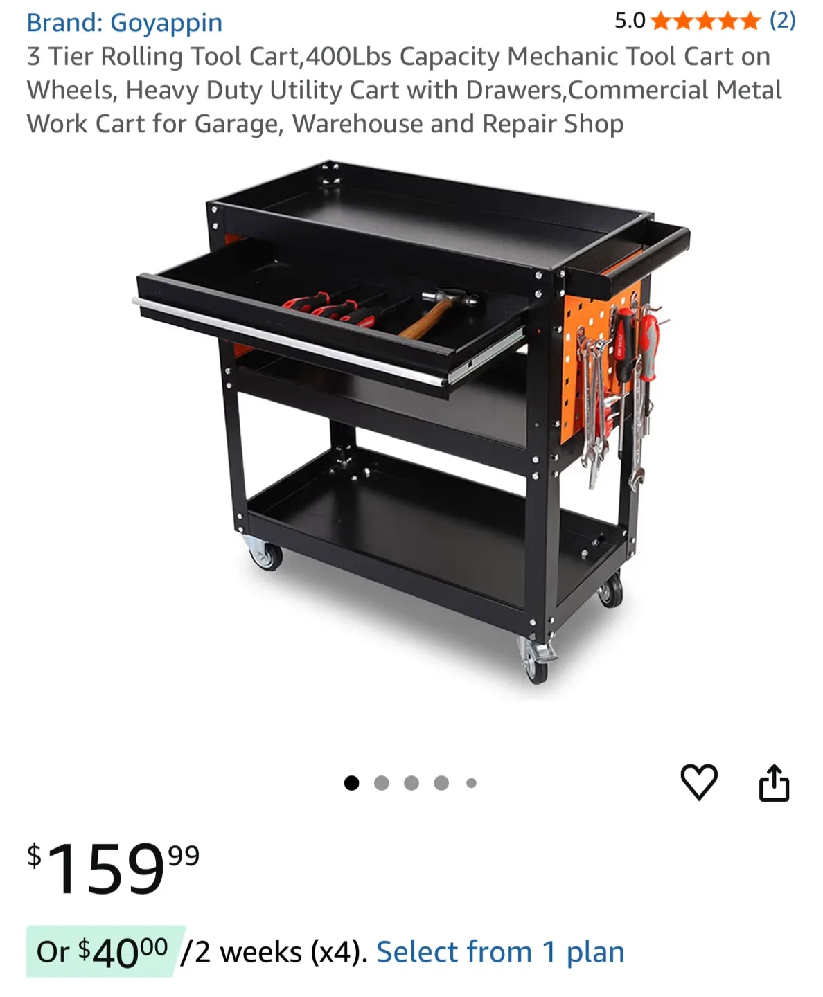 Rolling Tool Cart with Drawer & Pegboard image indicator(10)