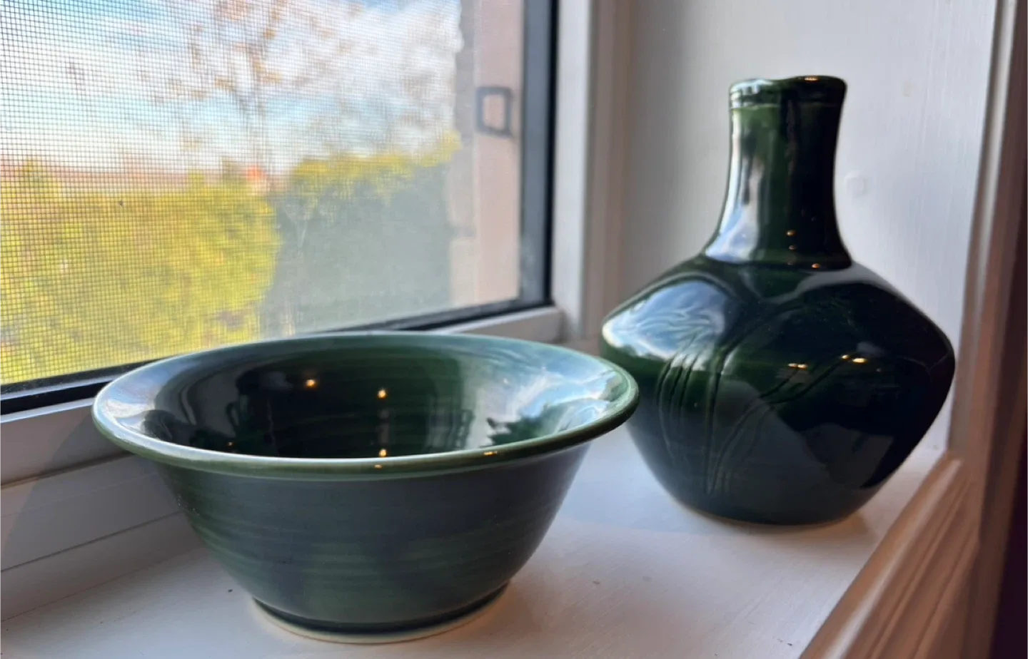 Green Ceramic Vase and Bowl Set