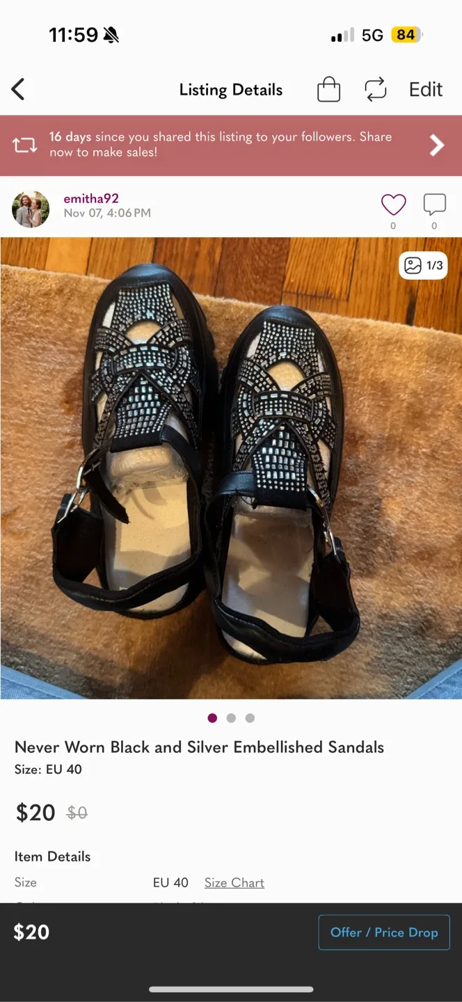 Never Worn Black & Silver Embellished Sandals - EU 40