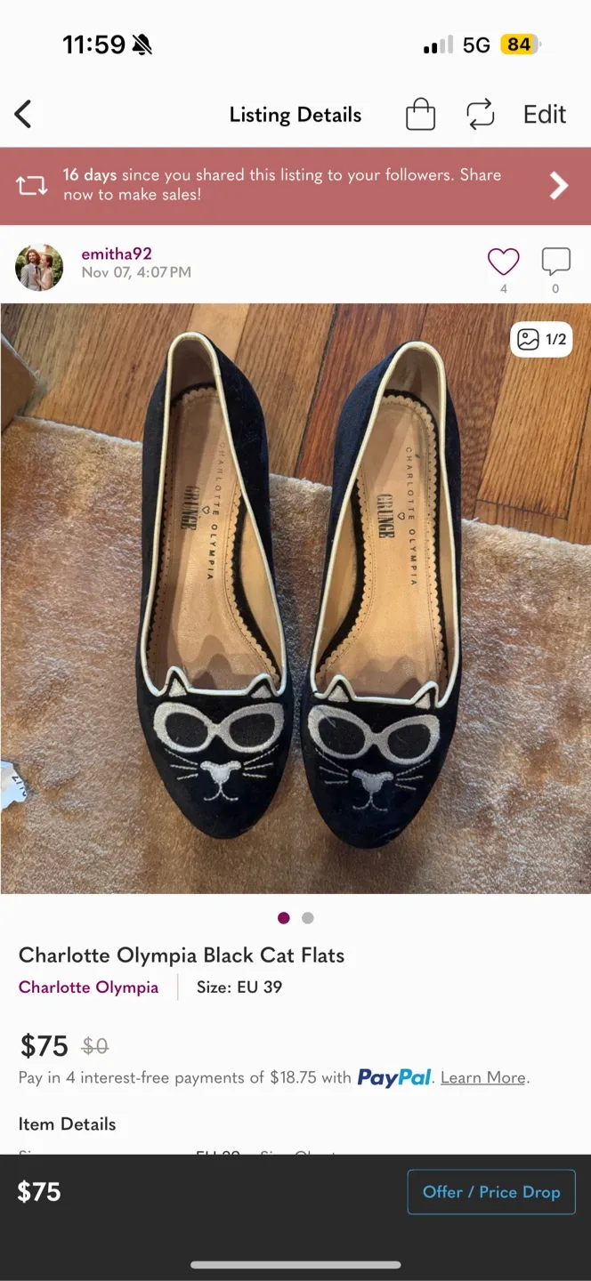 Charlotte Olympia Black Cat Flats - Size 39