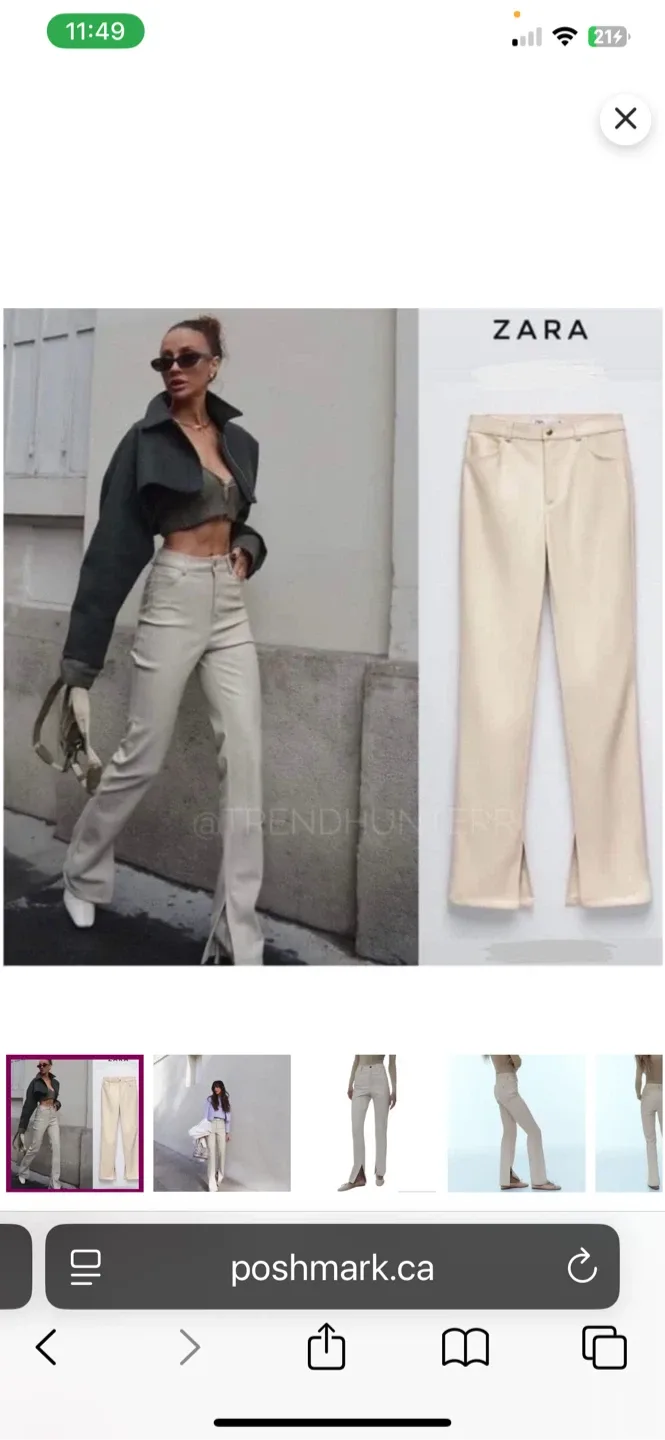 ZARA CREAM FAUX LEATHER PANTS LONG Cream Split Hem Pants