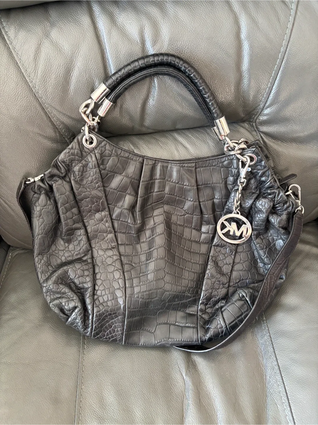 Michael Kors Black Croc Embossed Leather Hobo Bag
