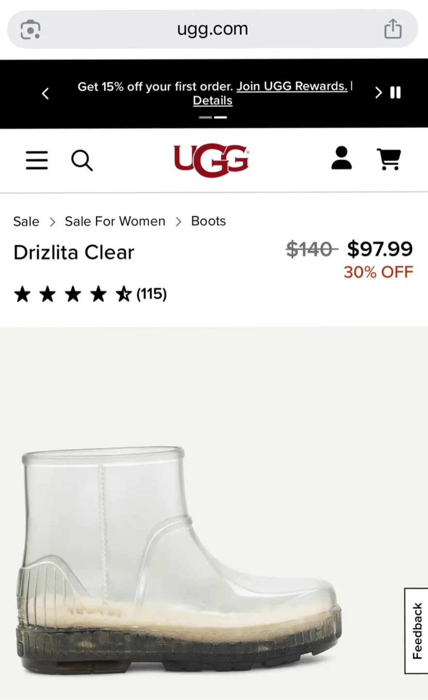 UGG Drizlita Clear Rain Boots 38 + Lita Fleece Socks