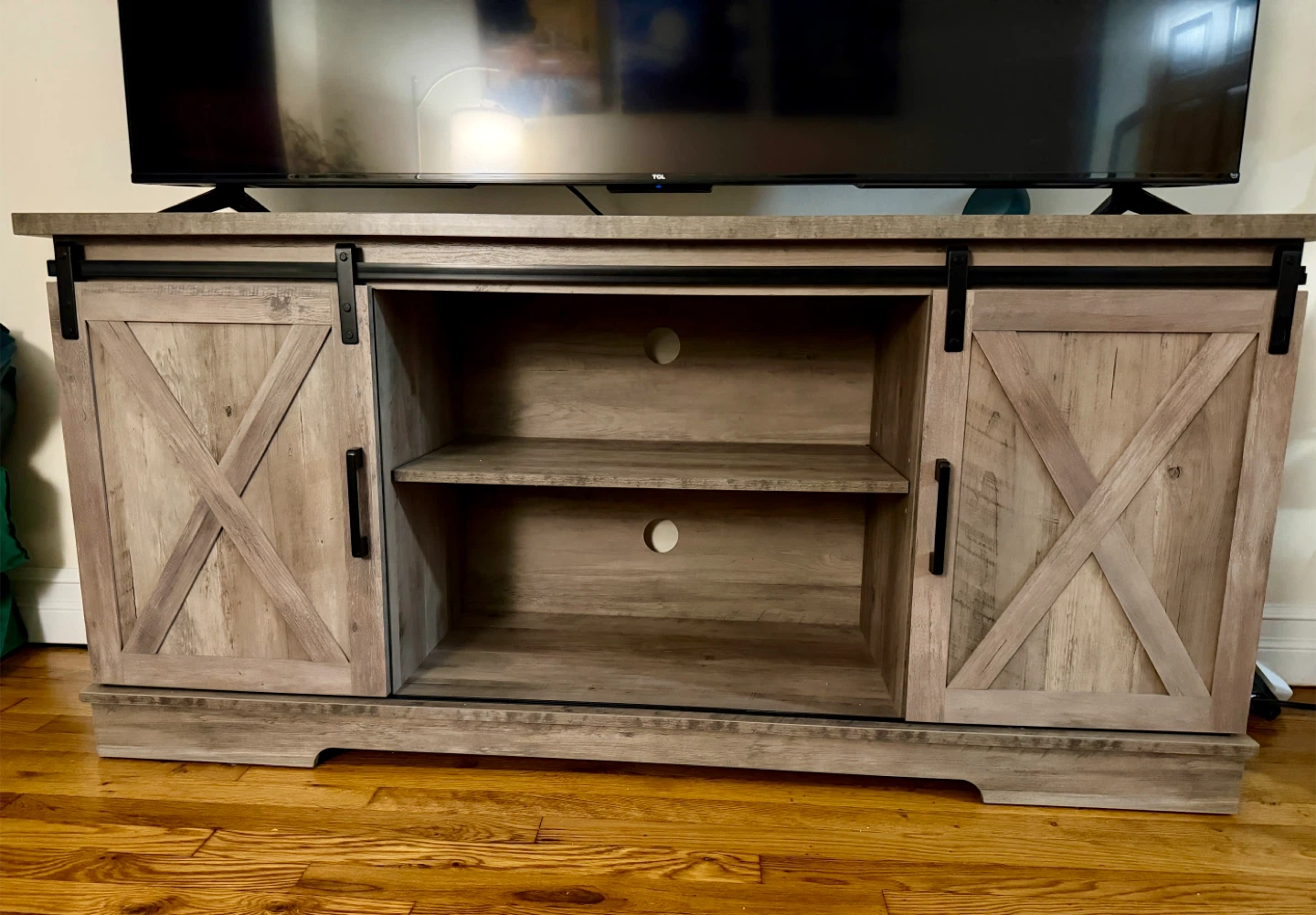 Rustic Gray Sliding Barn Door TV Stand, 65 inch