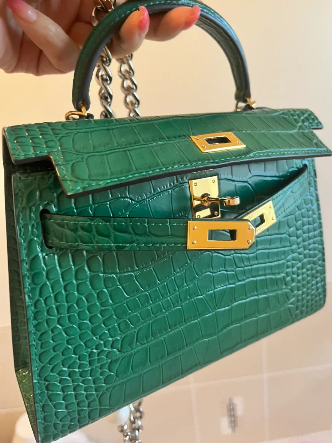 Green Crocodile Embossed Handbag