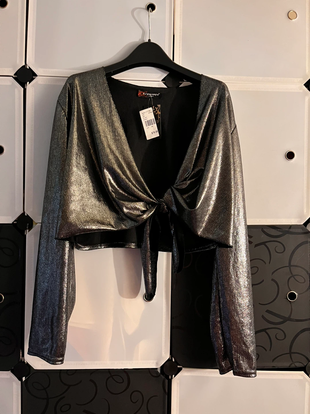 NEW Esperance Silver Metallic Tie-Front Top