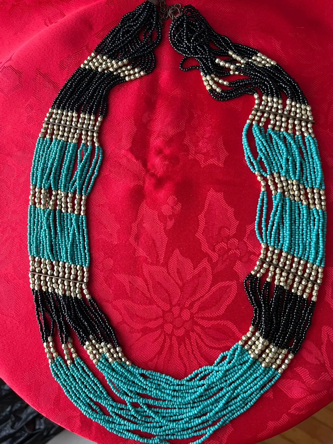 Beaded Necklace - Black, Turquoise, Gold