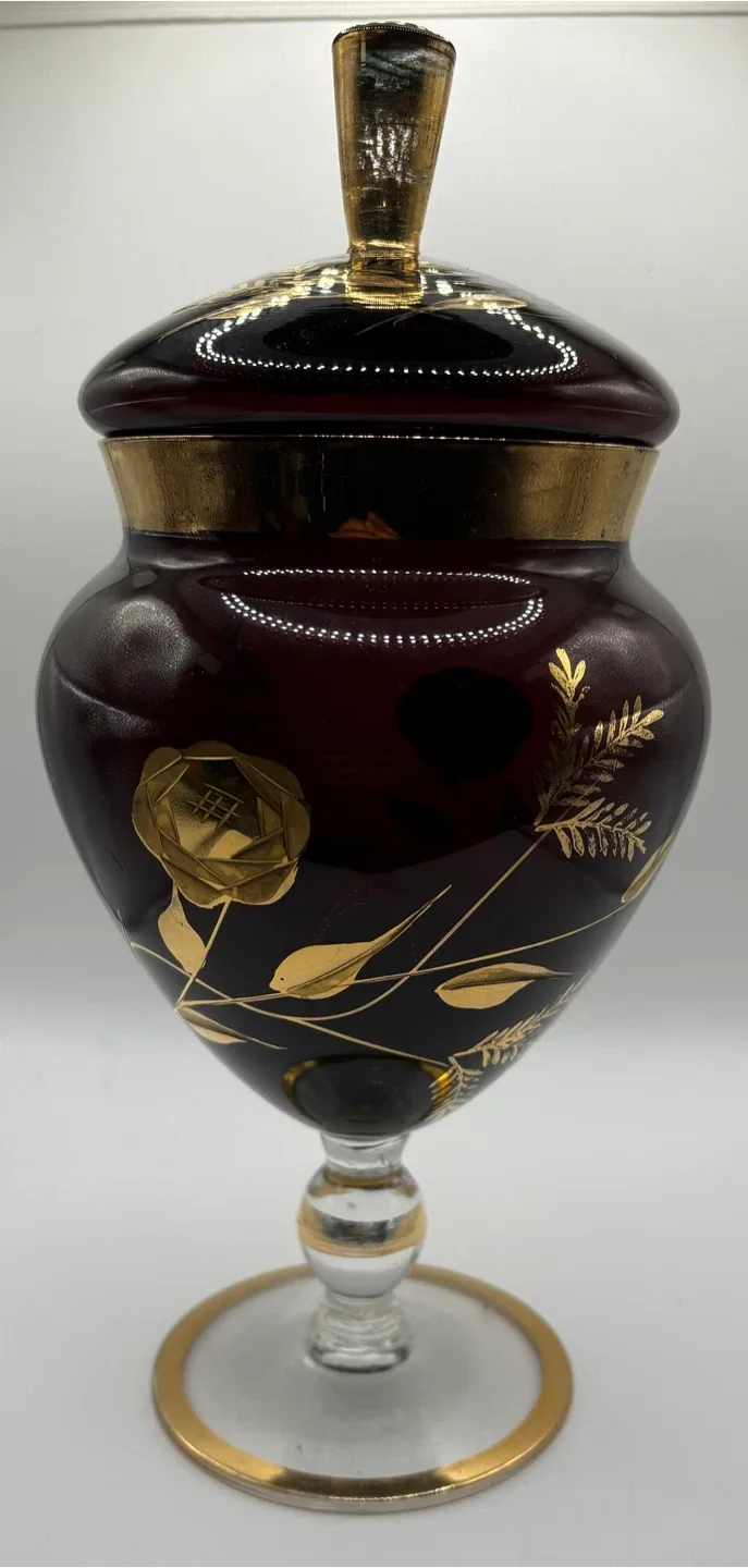 Vintage Ruby Red Glass Candy Dish with Gold Accents