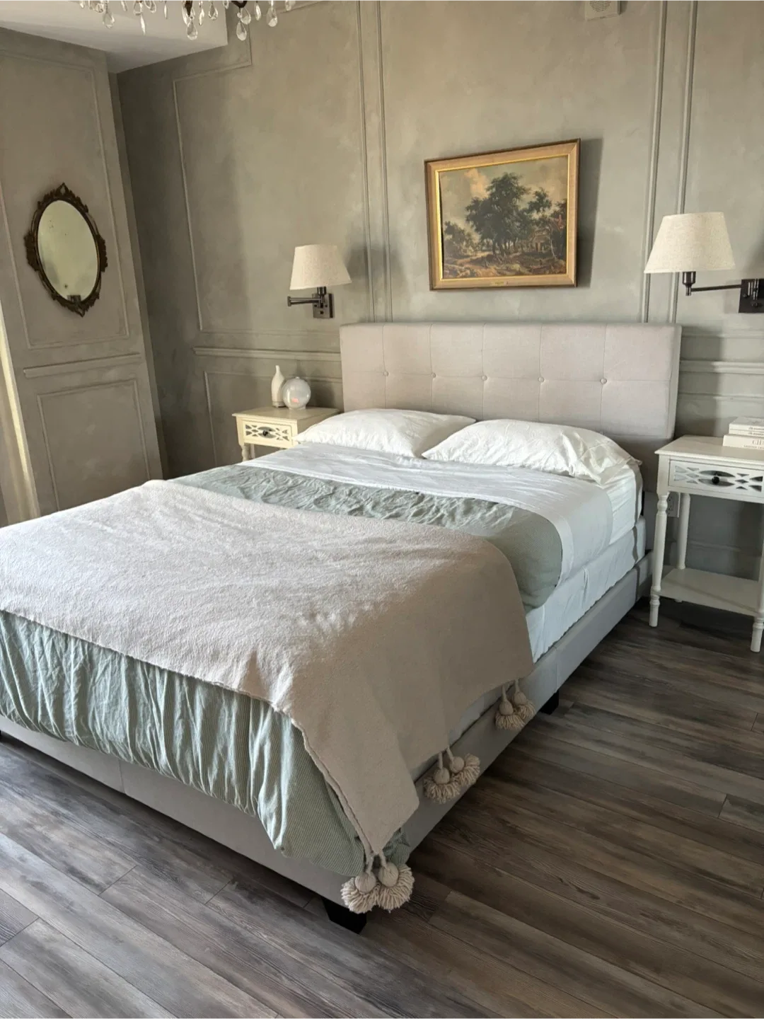 Queen Upholstered Bed Frame, Box Frame, and Mattress