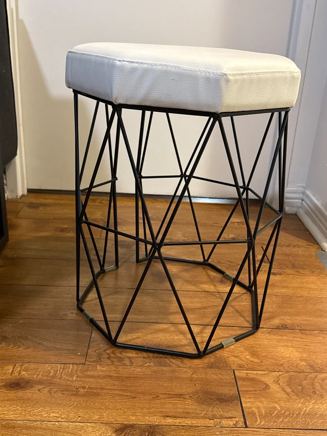 Modern Black Metal & White Leather Stool