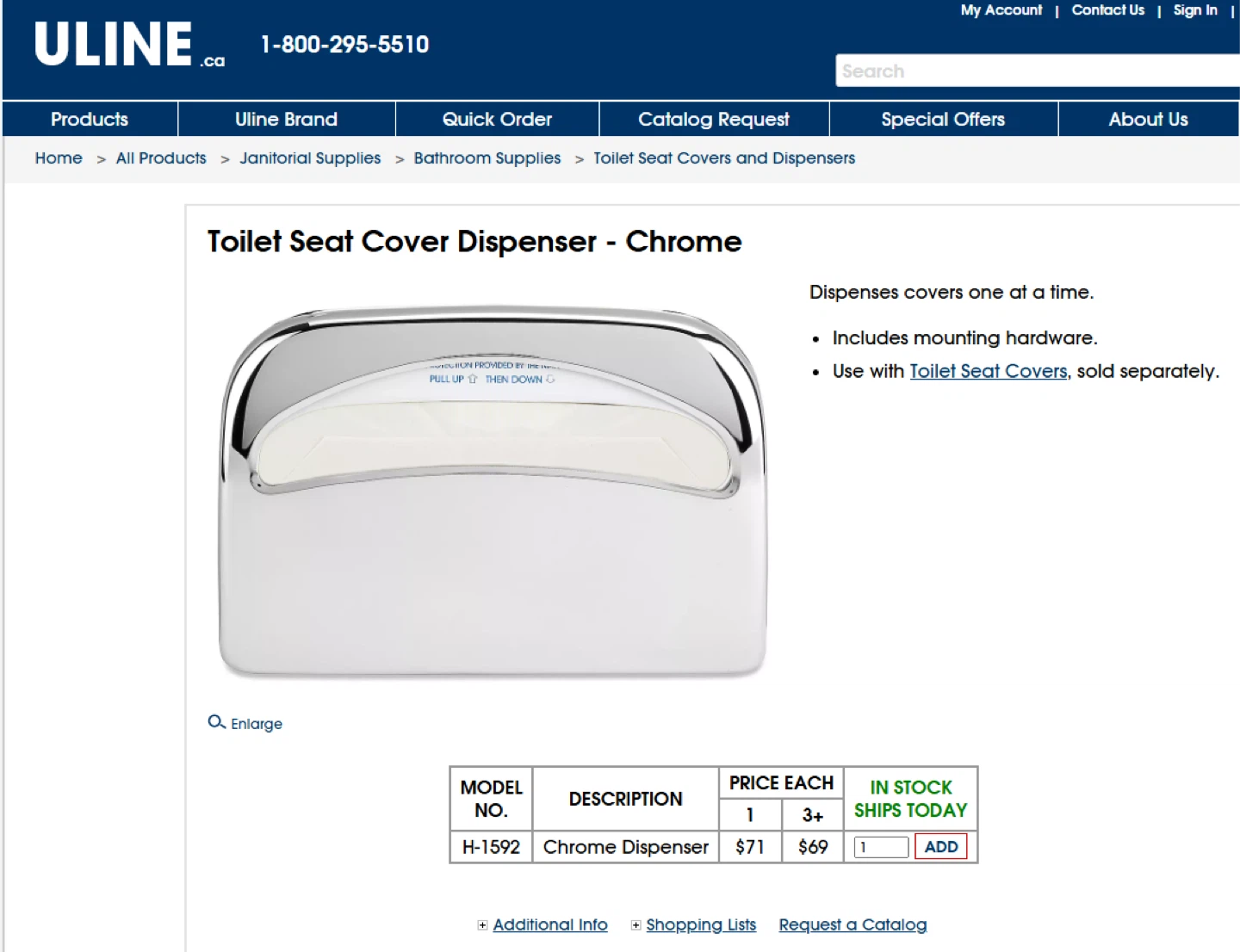 New! Chrome Uline Toilet Seat Cover Dispenser & Covers