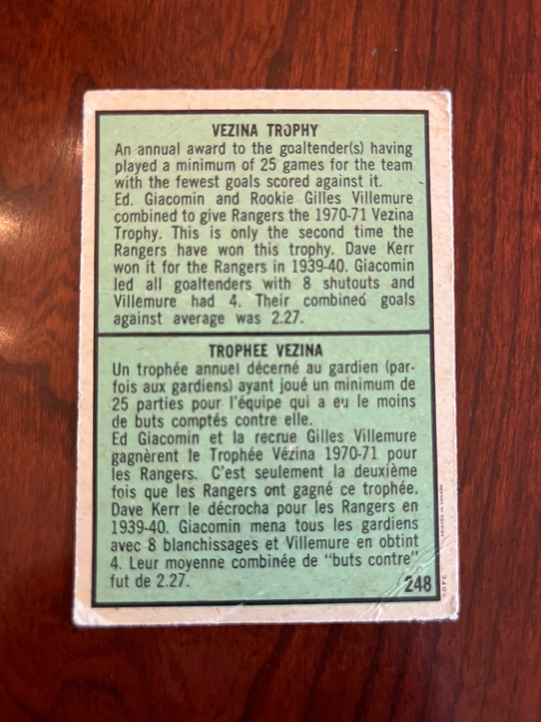 1971 O-PEE-CHEE 248 GIACOMIN\VILLEMURE VEZINA TROPHY image indicator(2)