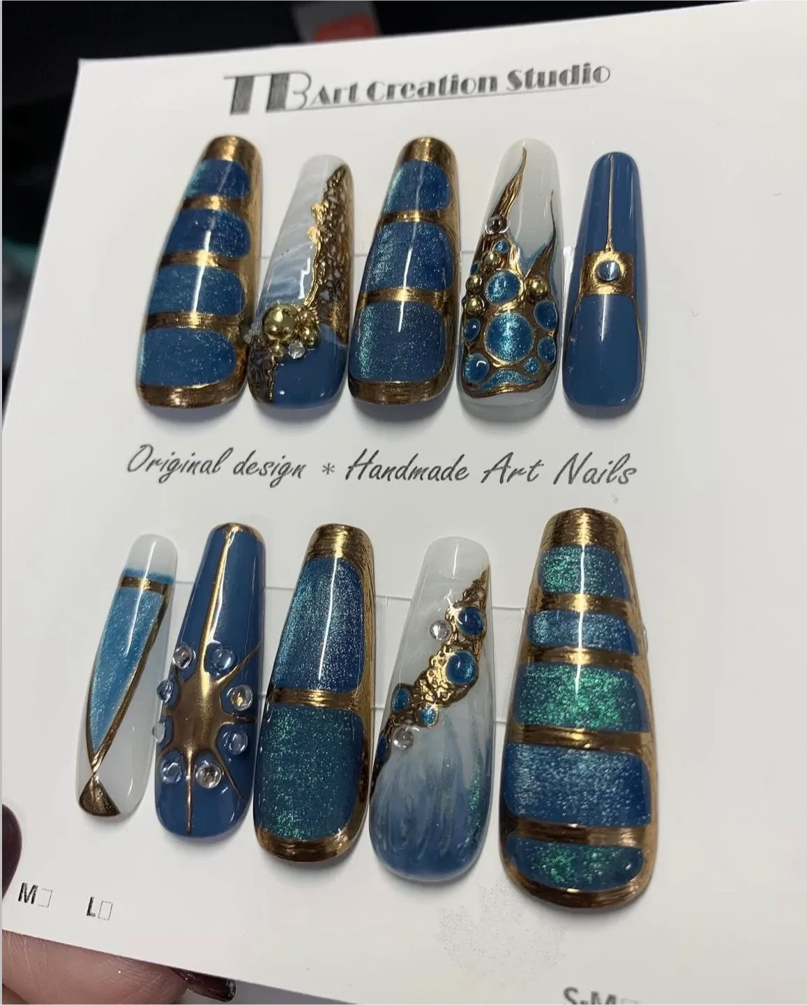 Handmade Art Nails - Blue & Gold Design