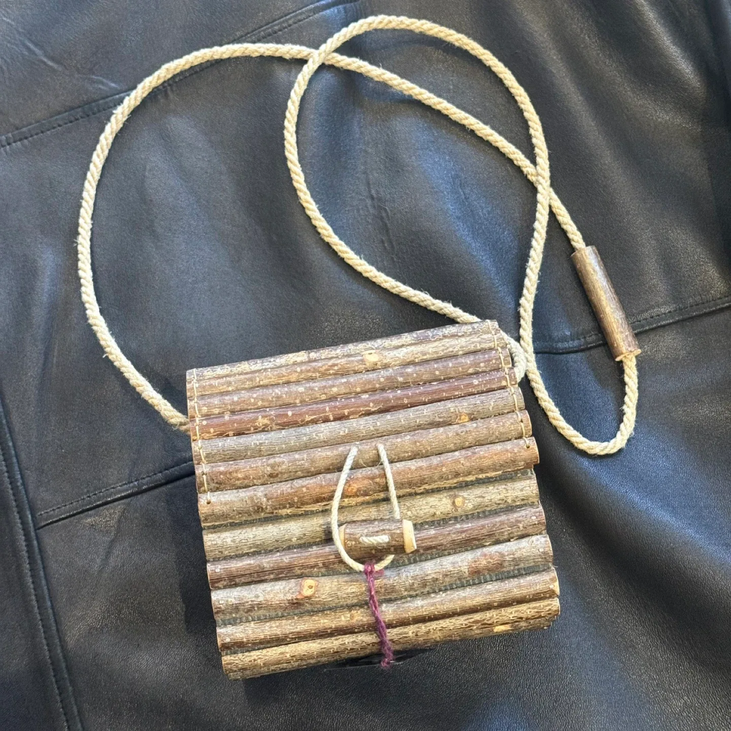 Handmade Wooden Purse with Rope Strap