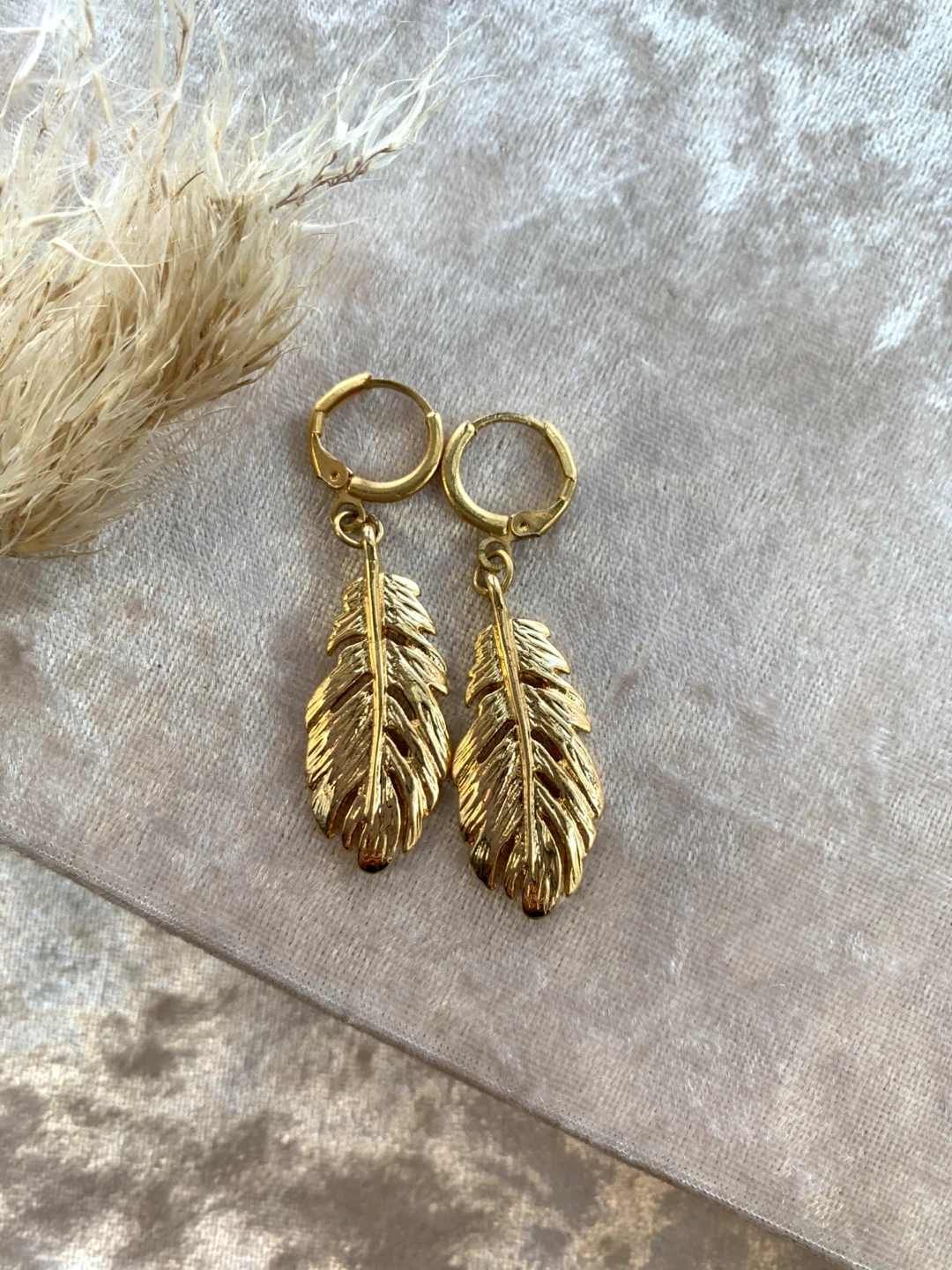 Gold Feather Drop Earrings