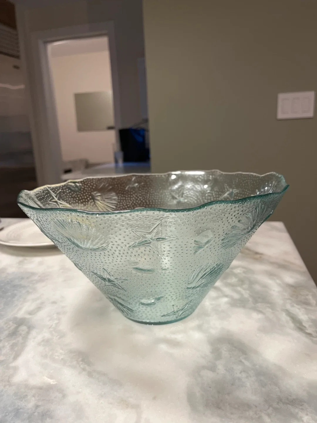 Glass serving bowl , about 9 inches tall