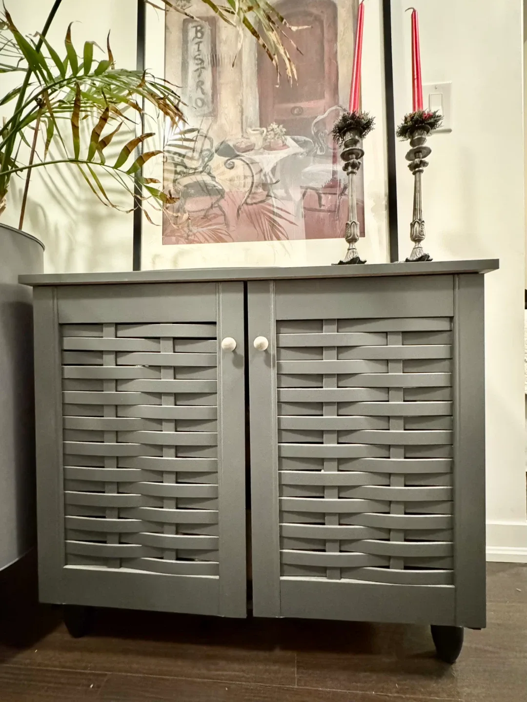Grey Cabinet with Woven Door Design