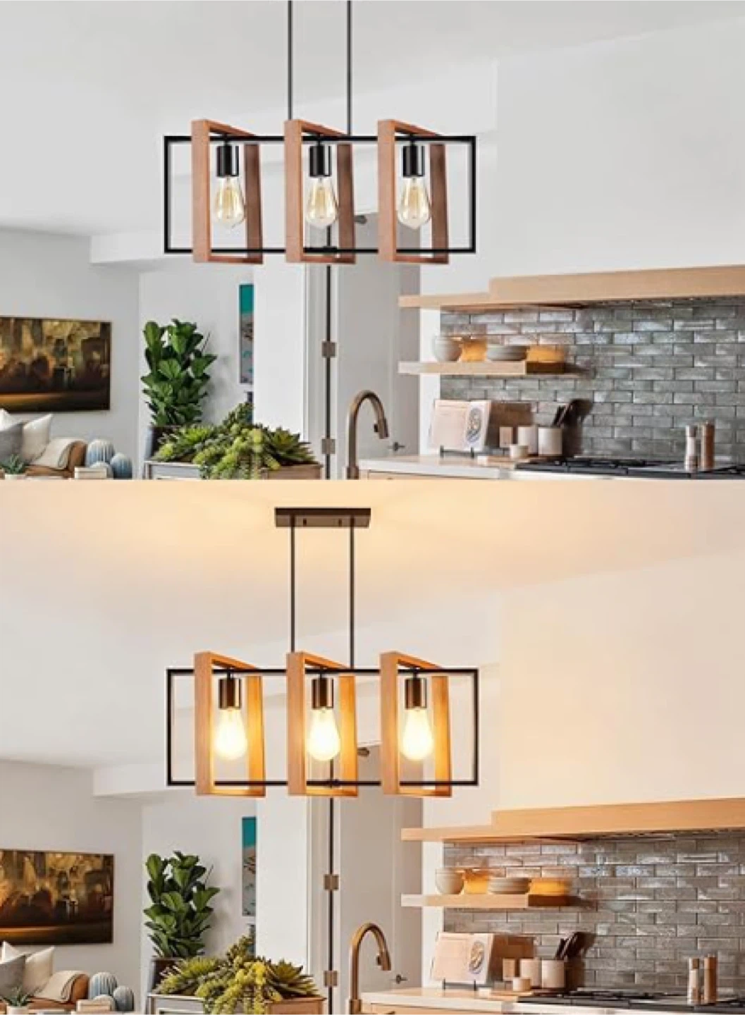Modern Rectangular Wood and Black Metal 3-Lights