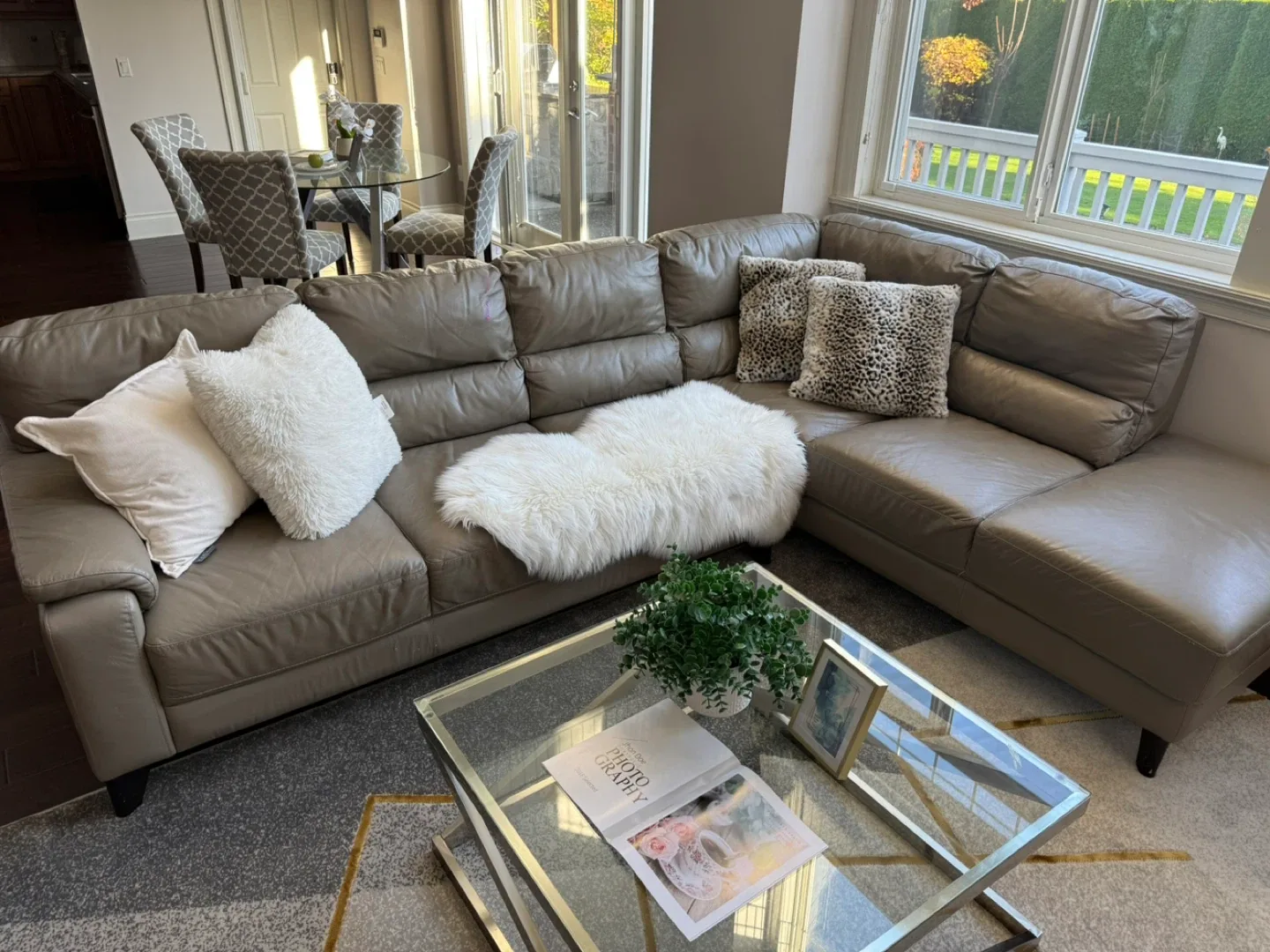 L Shaped Leather Sectional Sofa - Taupe