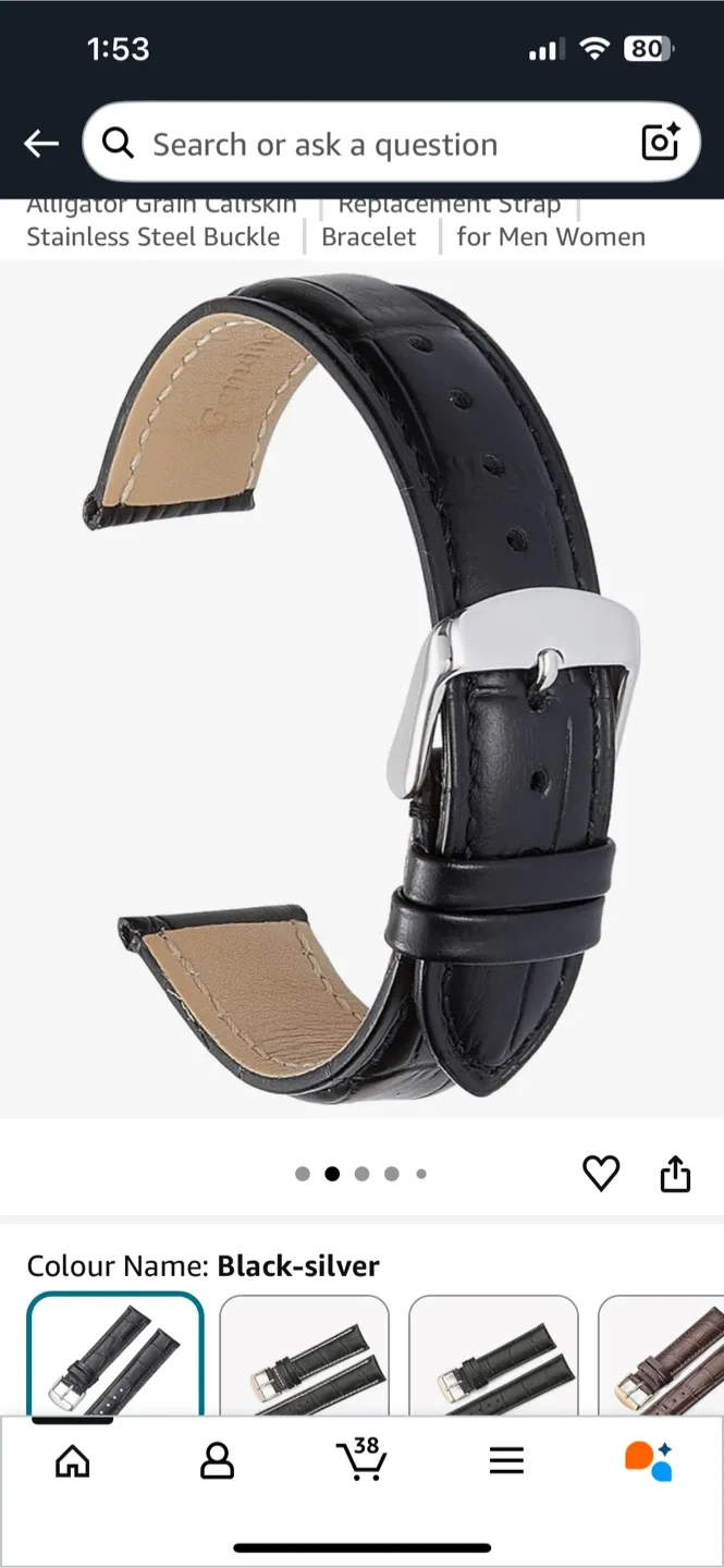 Alligator Grain Calfskin Replacement Strap - Black-Silver image indicator(2)