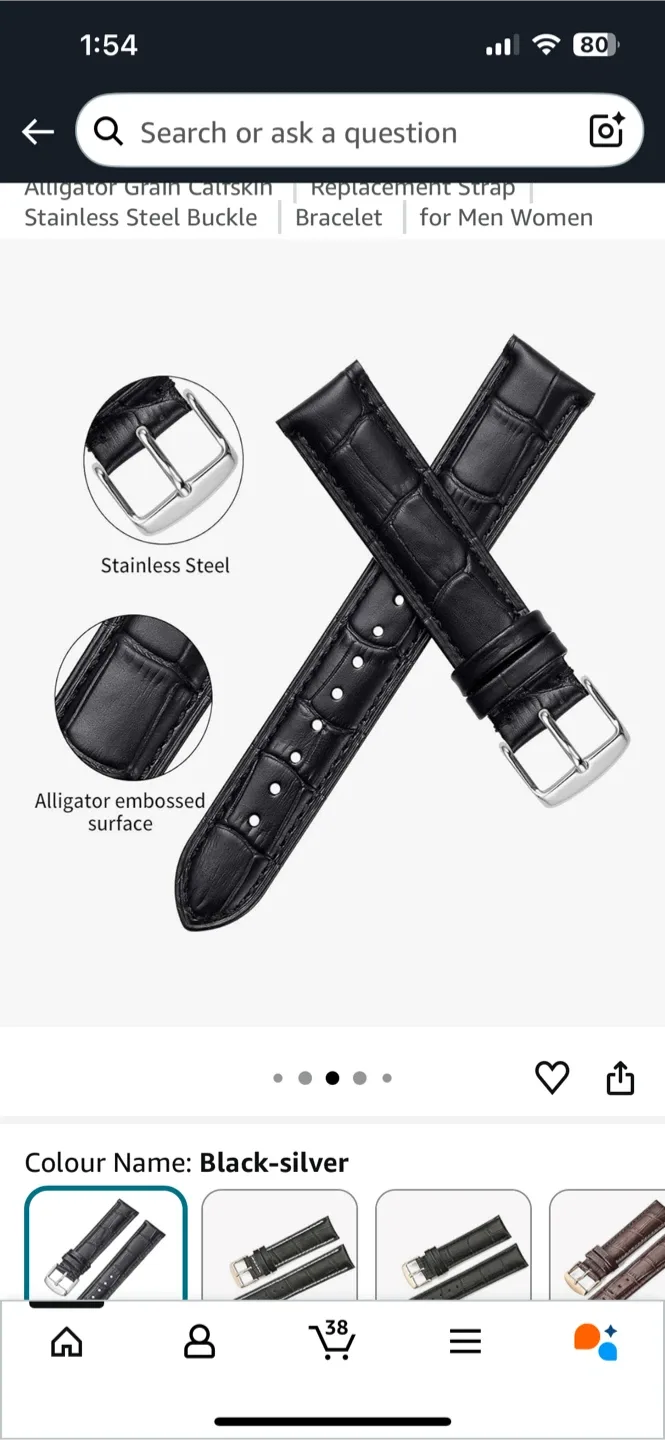 Alligator Grain Calfskin Replacement Strap - Black-Silver image indicator(4)