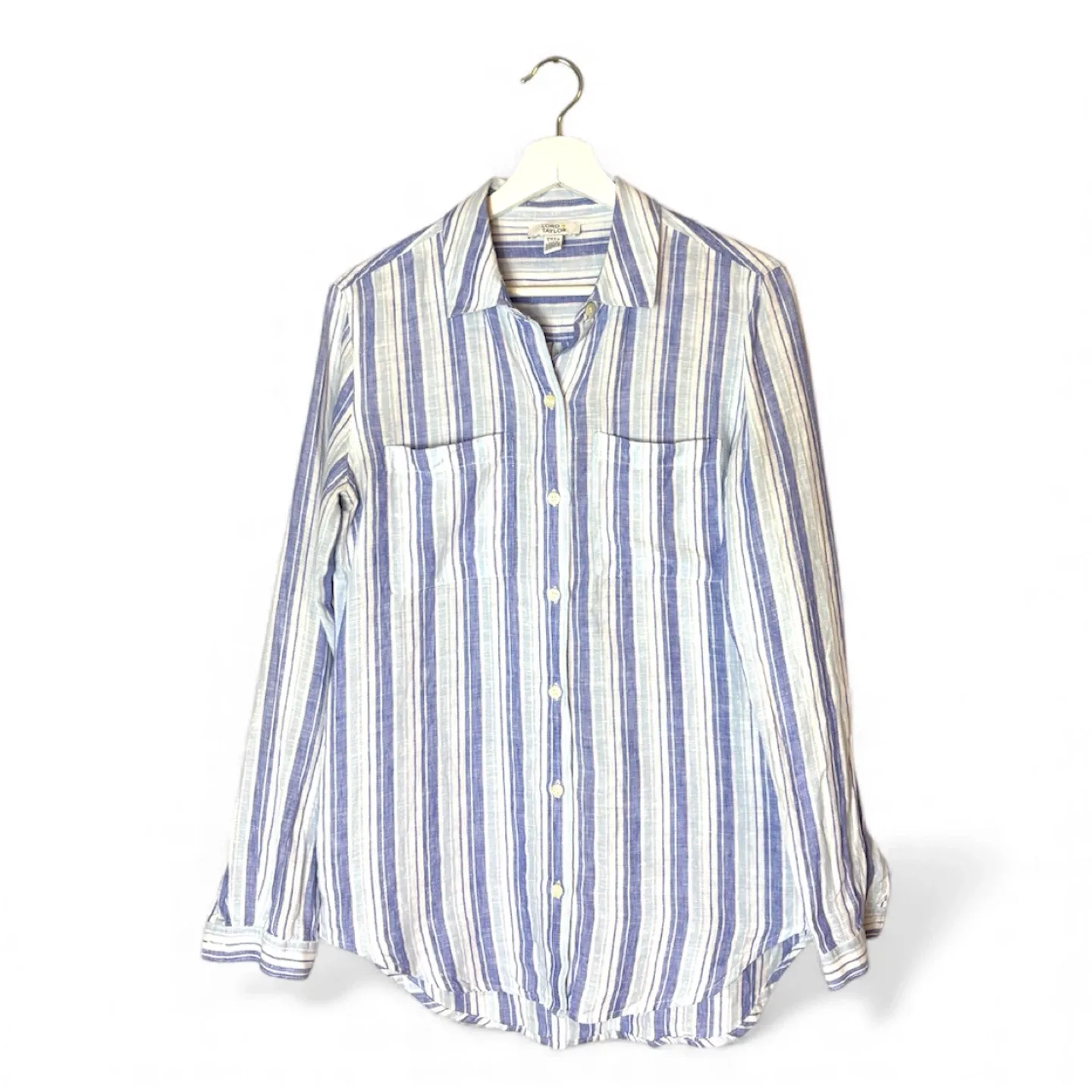Lord & Taylor 100% Linen Striped Purple Blue Shirt Size Small