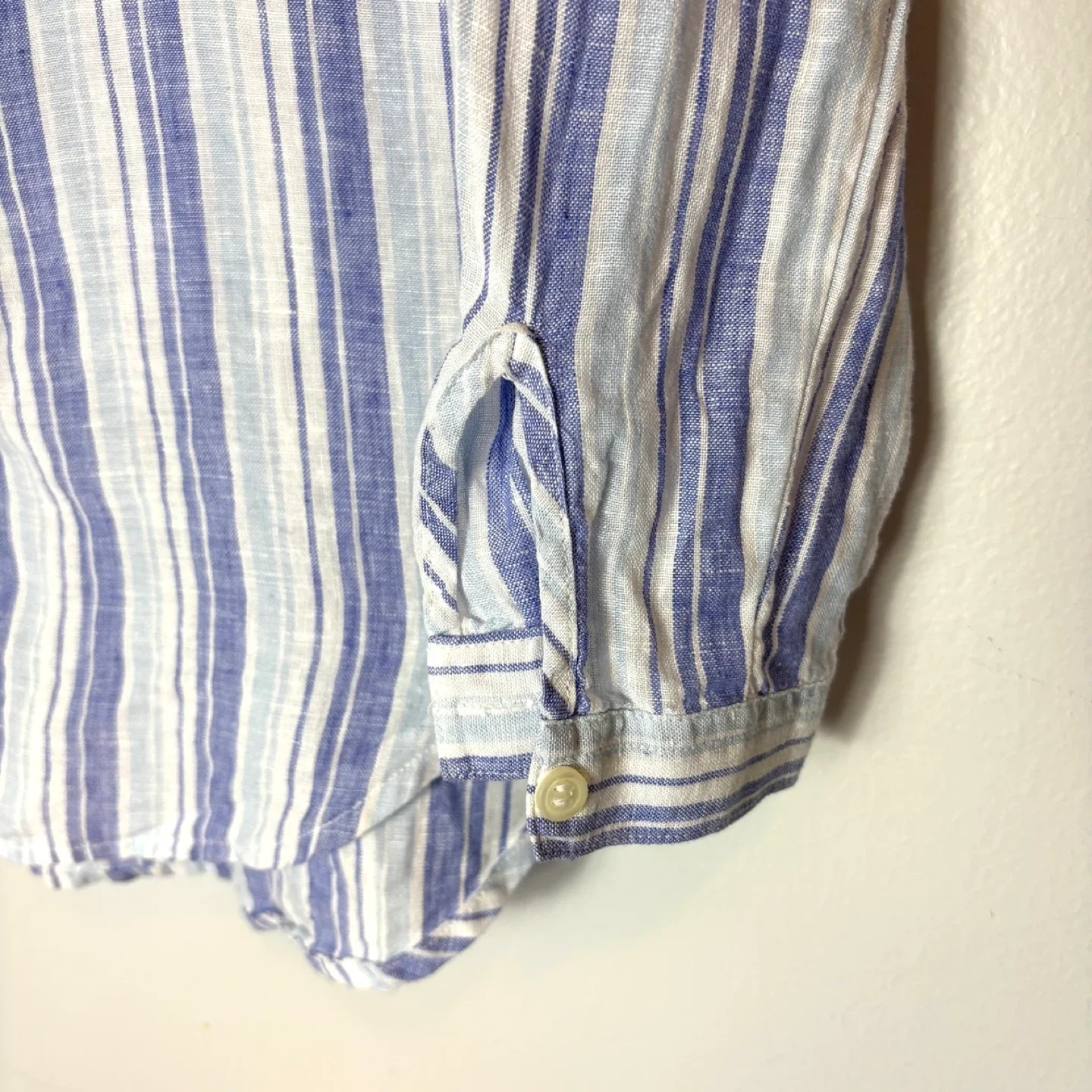 Lord & Taylor 100% Linen Striped Purple Blue Shirt Size Small image indicator(4)